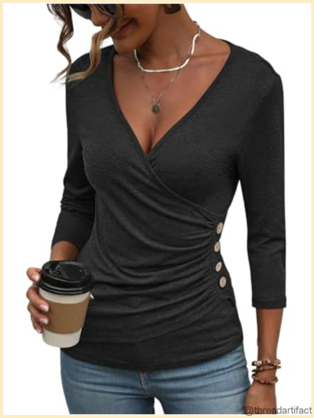 Womens Deep V Neck 3/4 Sleeve Wrap Ruched Slim Fit Button Blouse